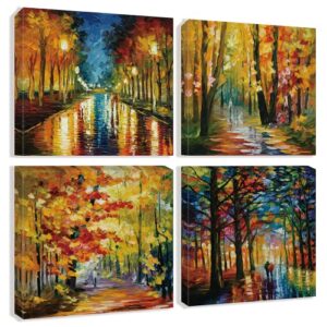 Colorful Landscape Oil Painting Wall Art Canvas Paintings Abstract Texture Rainbow Trees with Walking People Prints Pictures 4 Pieces Living Room Bedroom Artwork 12"x12"