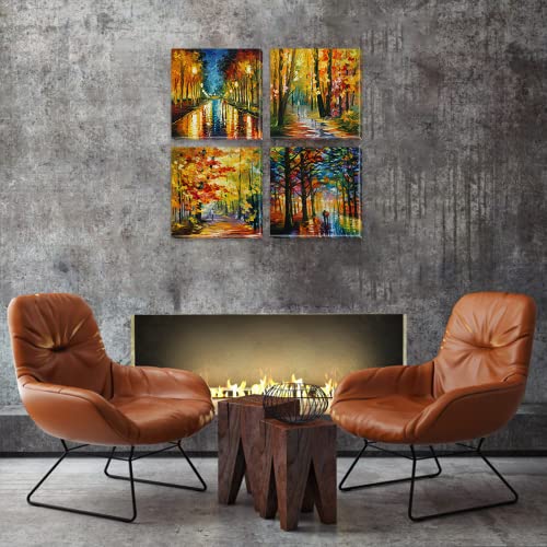 Colorful Landscape Oil Painting Wall Art Canvas Paintings Abstract Texture Rainbow Trees with Walking People Prints Pictures 4 Pieces Living Room Bedroom Artwork 12"x12"