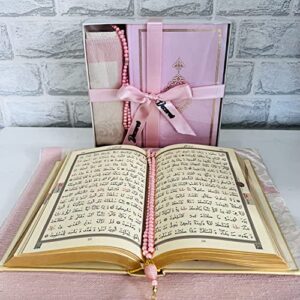 muslim prayer rug,full arabic thermo leather covered quran (8.0 * 5.5 inc / 14 * 20 cm) and beads i perfect islamic gift i muslim for men&women | luxury gifts (pink)