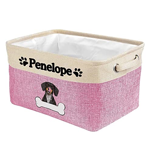 Personalized Dog Dachshund Bone Decorative Storage Basket Fabric Durable Toy Box with 2 Handles for Organizing Closet Garage Clothes Blankets Pink and White