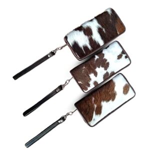 real cowhide wallet for women slim wallet bifold tricolor brown leather zipper clutch purse cow fur purse wallet wristlet – gifts for her