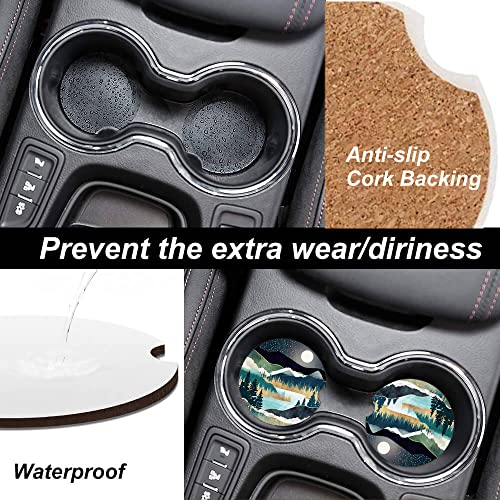 2 Pack Absorbent Car Coasters for Cup Holders,Ceramic Coasters with Cork Back and Finger Slot,Cool Cupholder Accessories to Keep Your Car Cup Holders Clean and Dry 2.56"(Mountains Nature Scenery)