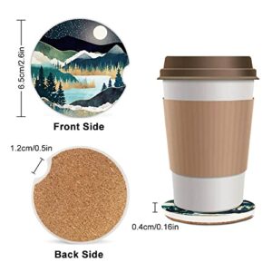 2 Pack Absorbent Car Coasters for Cup Holders,Ceramic Coasters with Cork Back and Finger Slot,Cool Cupholder Accessories to Keep Your Car Cup Holders Clean and Dry 2.56"(Mountains Nature Scenery)