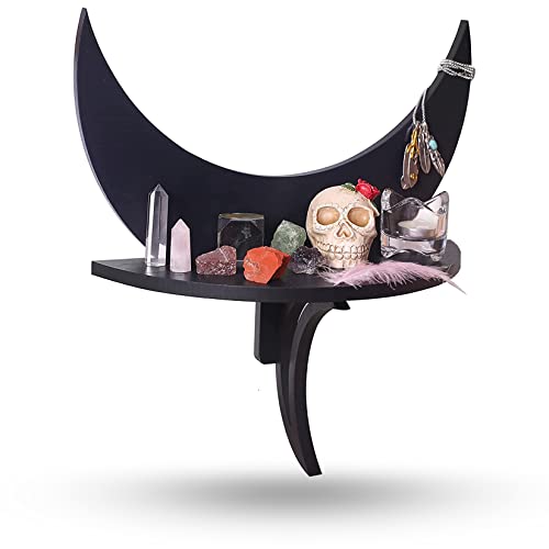 CEFRECO Floating Moon Shelf - Wooden Crystal Display Shelf - Crystal Holder for Stones and Essential Oils - Black Hanging Crescent Moon Phrase Shelf for Crystals- Witchy Gifts for Women