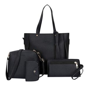 anfushi women four set handbag shoulder bags, handbag shoulder bag+crossbody bag+wallet+ card purse tote, pu leather multi pocket black