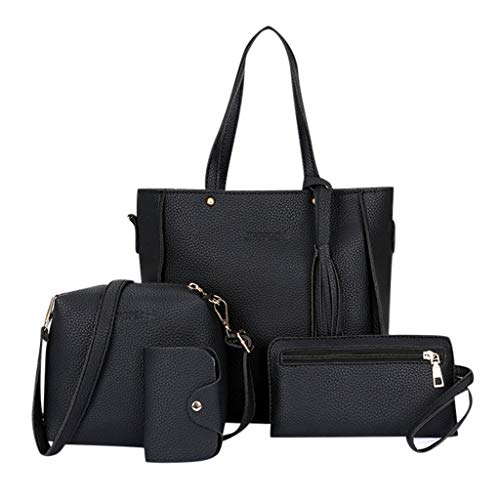 Anfushi Women Four Set Handbag Shoulder Bags, Handbag Shoulder Bag+Crossbody Bag+Wallet+ Card Purse Tote, PU Leather Multi Pocket Black