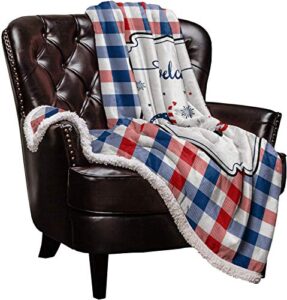 sherpa fleece throw blanket independence day gnome usa flag reversible warm cozy throws, blue red white buffalo lattice super soft plush bed tv movie blankets for living room couch/sofa/travel/office