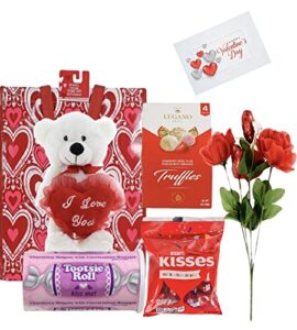 valentines day gift basket | 10 inches teddy bear plush |tootsie roll kiss me banks | hershey’s milk chocolate kisses | lugano strawberry creme filled white chocolate truffles | artificial red rose bouquets with sparkly hearts | v- gift bag and card inclu