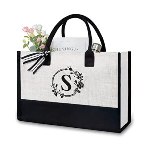 topdesign initial jute/canvas tote bag, personalized present bag, suitable for wedding, birthday, beach, holiday, is a great gift for women, mom, teachers, friends, bridesmaids (letter s)