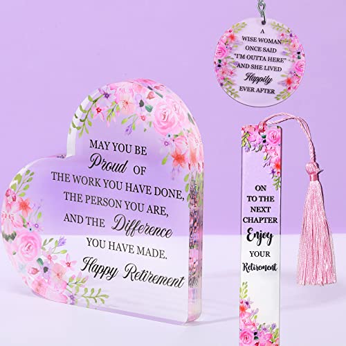 Sepamoon 3 Pieces Acrylic Inspirational Christian Gifts Retirement Paperweight for Women Bible Verse Decor Table Centerpiece Heart Shape Sign with Bookmark Keychain (Retirement), White