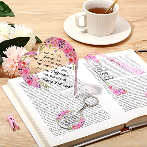 Sepamoon 3 Pieces Acrylic Inspirational Christian Gifts Retirement Paperweight for Women Bible Verse Decor Table Centerpiece Heart Shape Sign with Bookmark Keychain (Retirement), White