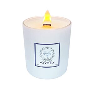 vavera luxury gardenia bouquet long burning wood wick natural soy luxury candles (14oz matt white jar) transforms any space. hand-made in the usa. fresh gardenia is the elegant addition to your home.