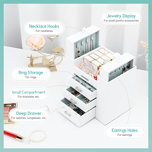 Homde Jewelry Organizer for Girls Women Jewelry Box Necklaces Rings Earrings Display Stand Jewelry Storage Holder Case for Bracelets Watches Sunglasses (White)