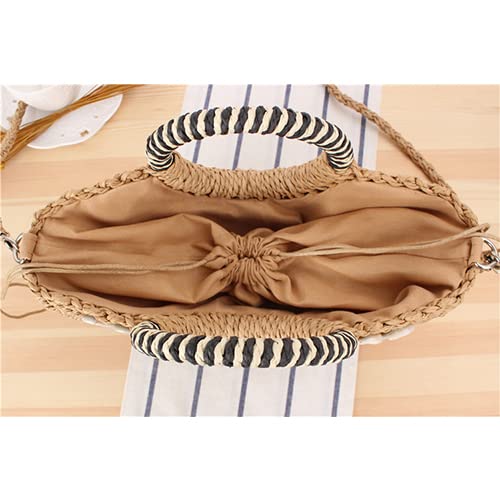 QTKJ Mini Semi-circle Rattan Straw Handbags, Hand-woven Women Summer Retro Straw Tote Bag Shoulder Bag with Shells Decoration Crossbody Bag Round Handle Beach Handbags