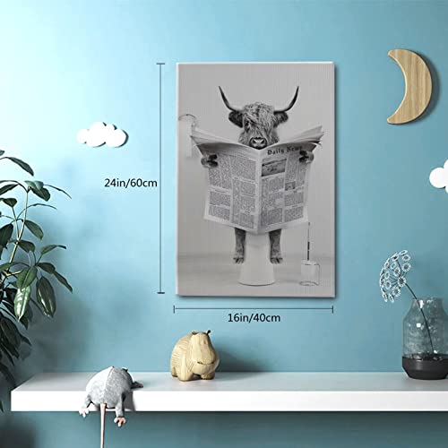 Highland Cow Wall Art Bathroom Decor Canvas Wall Art Framed Wall Decoration Funny cow picture Wall Decor Print cow Thinker On Toilet Picture Artwork For Walls Ready To Hang For bathroom Deco 16"x24"