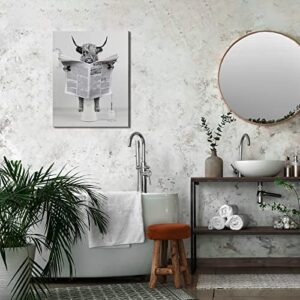 Highland Cow Wall Art Bathroom Decor Canvas Wall Art Framed Wall Decoration Funny cow picture Wall Decor Print cow Thinker On Toilet Picture Artwork For Walls Ready To Hang For bathroom Deco 16"x24"