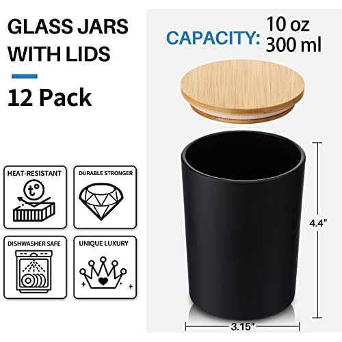 Aminigram 12 Pack, 10 oz Black Candle Jars with Bamboo Lids and Sticky Labels, Empty Glass Candle Jars for Making Candles, Morden Kitchen Bathroom Small Object Container - Dishwash Safe