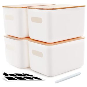 citylife 4 packs plastic storage bins with bamboo lids stackable storage containers for organizing, bundled with labels and marker 10.24 x 7.01 x 6.1 inch