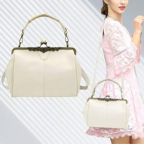 Arnosoar Vintage Kiss Lock Handbag Solid Pu Leather Women Shoulder Tote Bags White