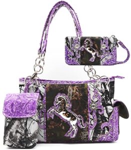 camouflage western style tote studded handbag concealed carry purse country women shoulder bag wallet set (#2 purple set)