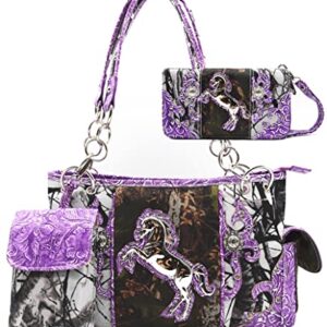 Camouflage Western Style Tote Studded Handbag Concealed Carry Purse Country Women Shoulder Bag Wallet Set (#2 Purple Set)