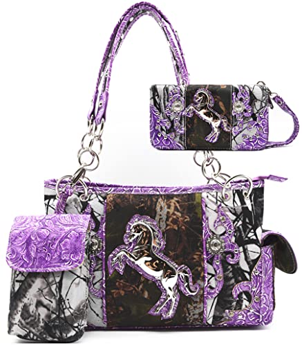 Camouflage Western Style Tote Studded Handbag Concealed Carry Purse Country Women Shoulder Bag Wallet Set (#2 Purple Set)