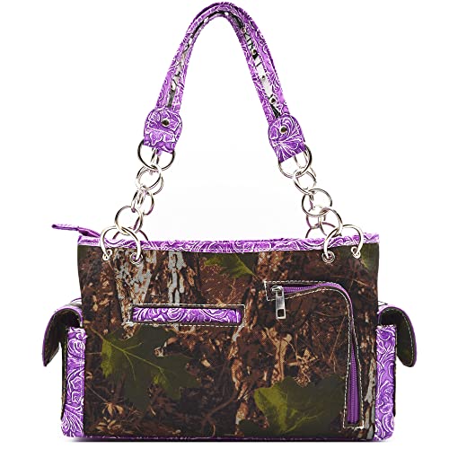 Camouflage Western Style Tote Studded Handbag Concealed Carry Purse Country Women Shoulder Bag Wallet Set (#2 Purple Set)