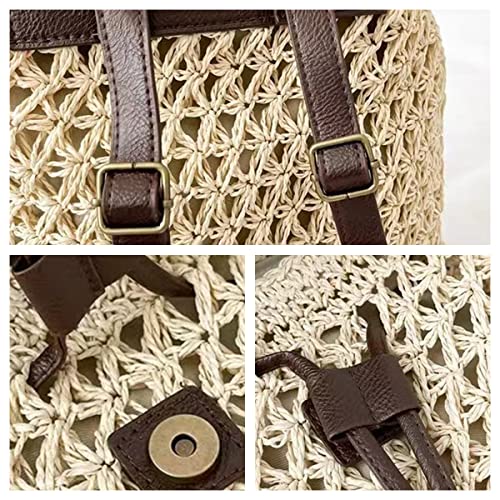 WIGUYUN Straw Crochet Backpack Purse Casual Beach Holiday Shoulders Bag Woven Flap Drawstring Daypack Beige