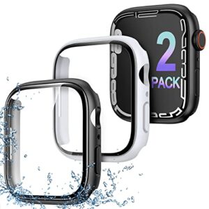 2-pack 3d curved case for apple watch series 7, tempered glass screen protector 41mm iwatch full face cover smartwatch accessories (black+white)