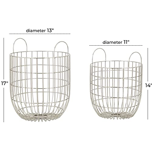 Deco 79 Metal Round Storage Basket with Handles, Set of 2 17", 14"H, Silver