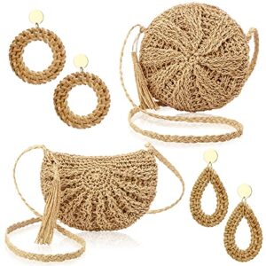 2 Pcs Women's Straw Clutch Purse and 2 Pairs Rattan Earrings Boho Straw Crossbody Purse Summer Woven Shoulder Bag Clutch Purse with Tassel Handmade Bohemian Earrings Hoop Drop Dangle Earrings