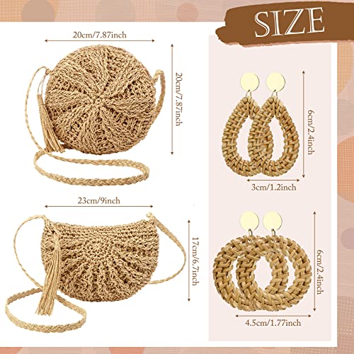 2 Pcs Women's Straw Clutch Purse and 2 Pairs Rattan Earrings Boho Straw Crossbody Purse Summer Woven Shoulder Bag Clutch Purse with Tassel Handmade Bohemian Earrings Hoop Drop Dangle Earrings