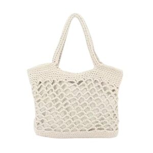 wiguyun cotton crochet shoulder bag casual tote handbag hollow out bohemian top handle purse,white
