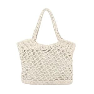 WIGUYUN Cotton Crochet Shoulder Bag Casual Tote Handbag Hollow Out Bohemian Top Handle Purse,White