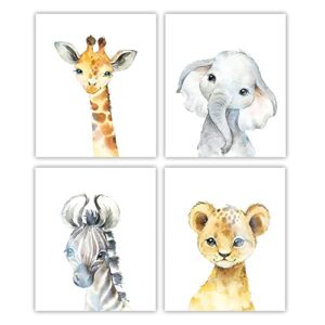 designs by maria inc. set of 4 watercolor unframed baby animals prints | jungle theme nursery decor | baby animal pictures for nursery | zoo animal pictures | nursery paintings for boy & girl (11×17)