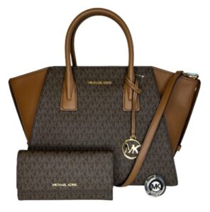 michael kors michael michael kors avril large top-zip satchel bundled with trifold wallet purse hook (signature mk brown)