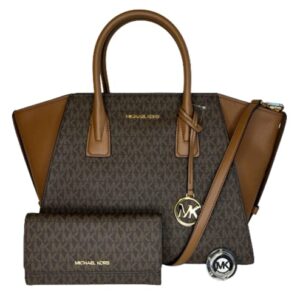 Michael Kors MICHAEL Michael Kors Avril Large Top-Zip Satchel bundled with Trifold Wallet Purse Hook (Signature MK Brown)