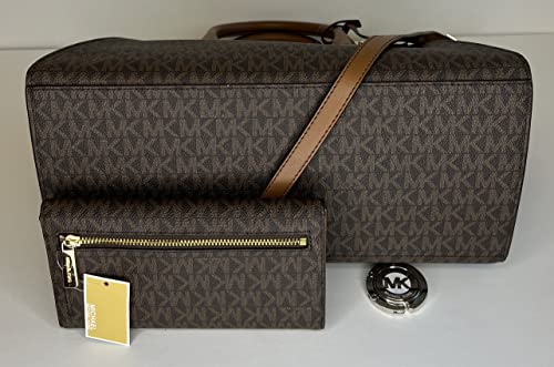 Michael Kors MICHAEL Michael Kors Avril Large Top-Zip Satchel bundled with Trifold Wallet Purse Hook (Signature MK Brown)