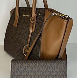 Michael Kors MICHAEL Michael Kors Avril Large Top-Zip Satchel bundled with Trifold Wallet Purse Hook (Signature MK Brown)