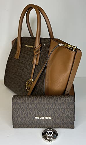 Michael Kors MICHAEL Michael Kors Avril Large Top-Zip Satchel bundled with Trifold Wallet Purse Hook (Signature MK Brown)