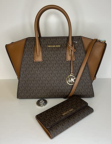 Michael Kors MICHAEL Michael Kors Avril Large Top-Zip Satchel bundled with Trifold Wallet Purse Hook (Signature MK Brown)