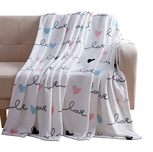 VCNY Valentine Soft Throw Blanket: All You Need is Love Love Love, Blue Pink Black White, Accent for Couch Sofa Chair Bed or Dorm (Design 6)