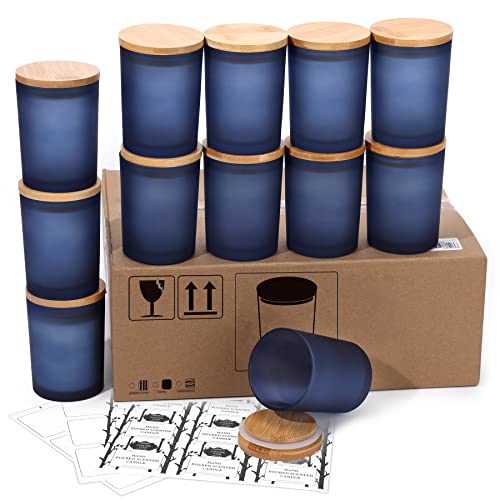 Aminigram 12 Pack, 10 oz Navy Blue Candle Jars with Bamboo Lids and Sticky Labels, Empty Glass Candle Jars for Making Candles, Morden Kitchen Bathroom Small Object Container - Dishwash Safe