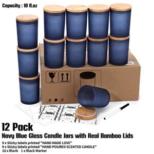 Aminigram 12 Pack, 10 oz Navy Blue Candle Jars with Bamboo Lids and Sticky Labels, Empty Glass Candle Jars for Making Candles, Morden Kitchen Bathroom Small Object Container - Dishwash Safe