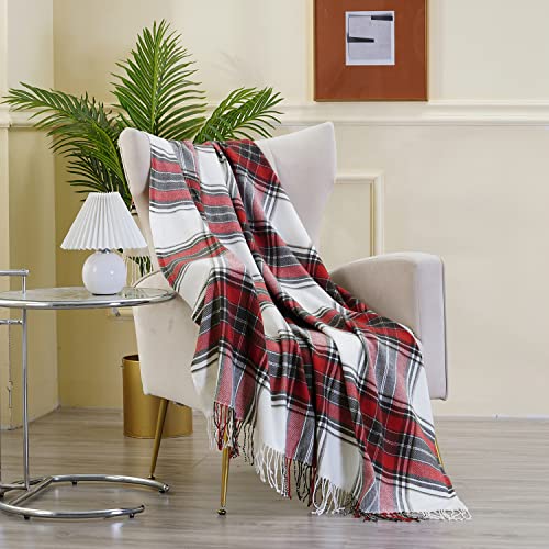 Bangya Acrylic Plaid Throw Blanket with Decorative Fringe for Travel，Bed, Sofa, Couch,Office (Red, 50inch x 60inch)