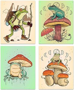 funny frog posters vintage frog mushroom wall art prints, retro cute frog mushroom creativity nature illustration canvas art prints for bathroom bedroom living room decor, set of 4-(8”x10”, unframed)