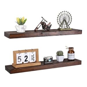 qtsartisan floating shelf set — rustic solid wood hanging rectangle wall shelves with invisible metal brackets for bedroom, bathroom, living room and kitchen(walnut, 36″ x 5.9″)