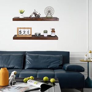 QTSARTISAN Floating Shelf Set — Rustic Solid Wood Hanging Rectangle Wall Shelves with Invisible Metal Brackets for Bedroom, Bathroom, Living Room and Kitchen(Walnut, 36" x 5.9")