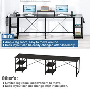 Lulive L Shaped Desk, 95" Reversible Corner Computer Desk with Shelves, Monitor Stand, Storage Bag, Hooks, 2 Person Long Desk for Home Office Writing Study Workstation (Black)