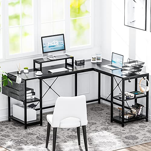 Lulive L Shaped Desk, 95" Reversible Corner Computer Desk with Shelves, Monitor Stand, Storage Bag, Hooks, 2 Person Long Desk for Home Office Writing Study Workstation (Black)